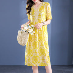 Yellow V-Neck Floral Printed Silk Dress with Drawstring Waist - DIANASILK