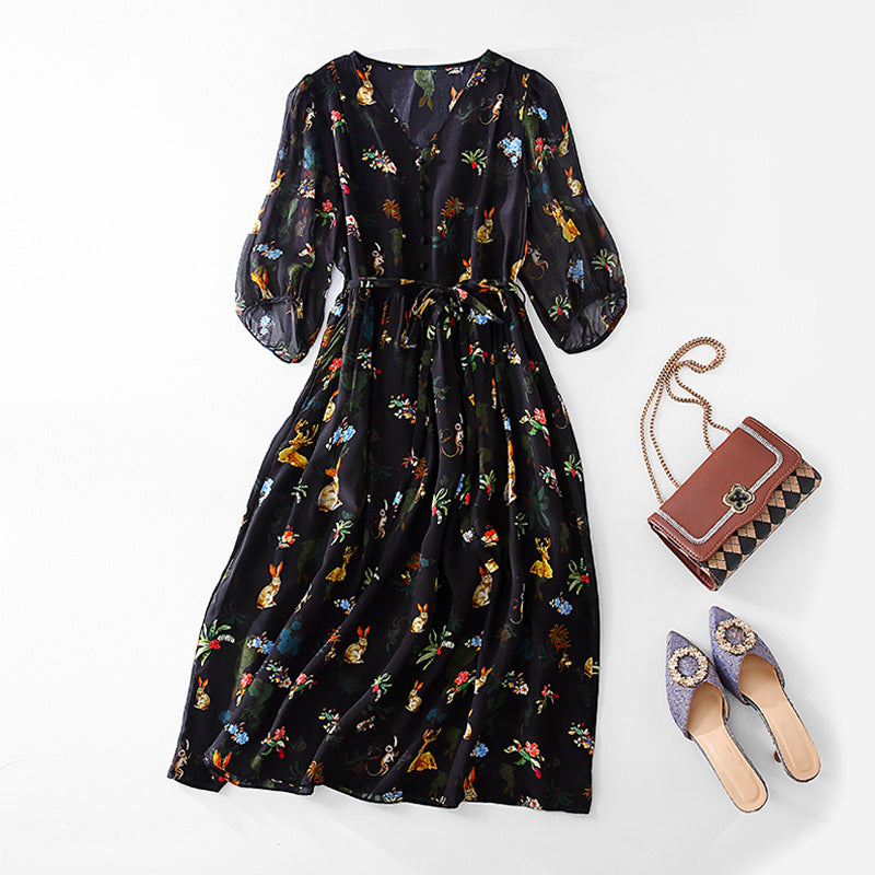 Black Printed with Waist Tie Floral Silk Midi Dress with Button - DIANASILK