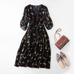 Black Printed with Waist Tie Floral Silk Midi Dress with Button - DIANASILK