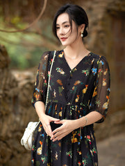 Black Printed with Waist Tie Floral Silk Midi Dress with Button - DIANASILK