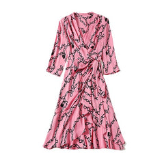 V Neck Silk Wrap Dress with Chain Print and 3/4 Sleeves - DIANASILK