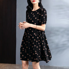 Black and Floral Print Silk Dress with Puff Sleeves - DIANASILK