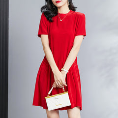 Red Silk Pleated Mini Dress with Short Sleeves - DIANASILK