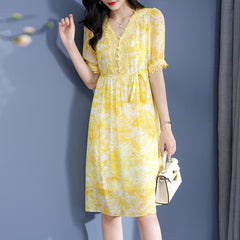 Yellow V-Neck Floral Printed Silk Dress with Drawstring Waist - DIANASILK
