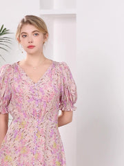 V-Neck Pink Floral Silk Midi Dress with Puff Sleeves - DIANASILK