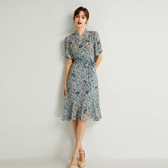 Blue V Neck Silk Wrap Midi Dress with Fan Print and Tie Waist - DIANASILK