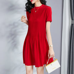 Red Silk Pleated Mini Dress with Short Sleeves - DIANASILK