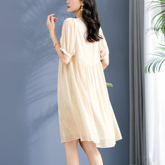 Elegant Beige Puff Sleeves Silk Dress with Lace Bodice - DIANASILK