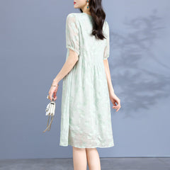 Embroidered Mint Green Silk Dress with Sheer Puff Sleeves - DIANASILK