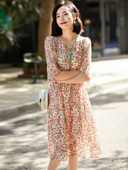 V-Neck Sheer Silk Floral Maxi Dress with Waist Tie - DIANASILK