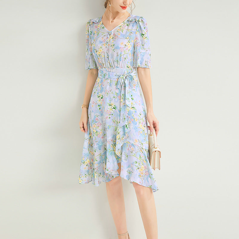 Flare Sleeves Floral Silk Wrap Dress with Ruffle Trim - DIANASILK