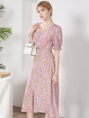 V-Neck Pink Floral Silk Midi Dress with Puff Sleeves - DIANASILK