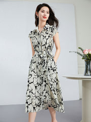 Abstract Print Silk Shirt Dress with Waist Tie and Pockets - DIANASILK
