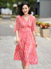 V-Neck Pink Printed Silk Midi Dress with Puff Sleeves - DIANASILK