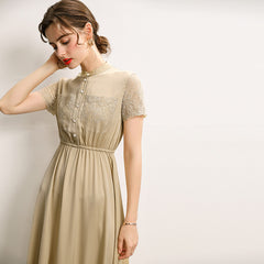 Champagne Silk Midi Dress with Lace Detail and Mandarin Collar - DIANASILK