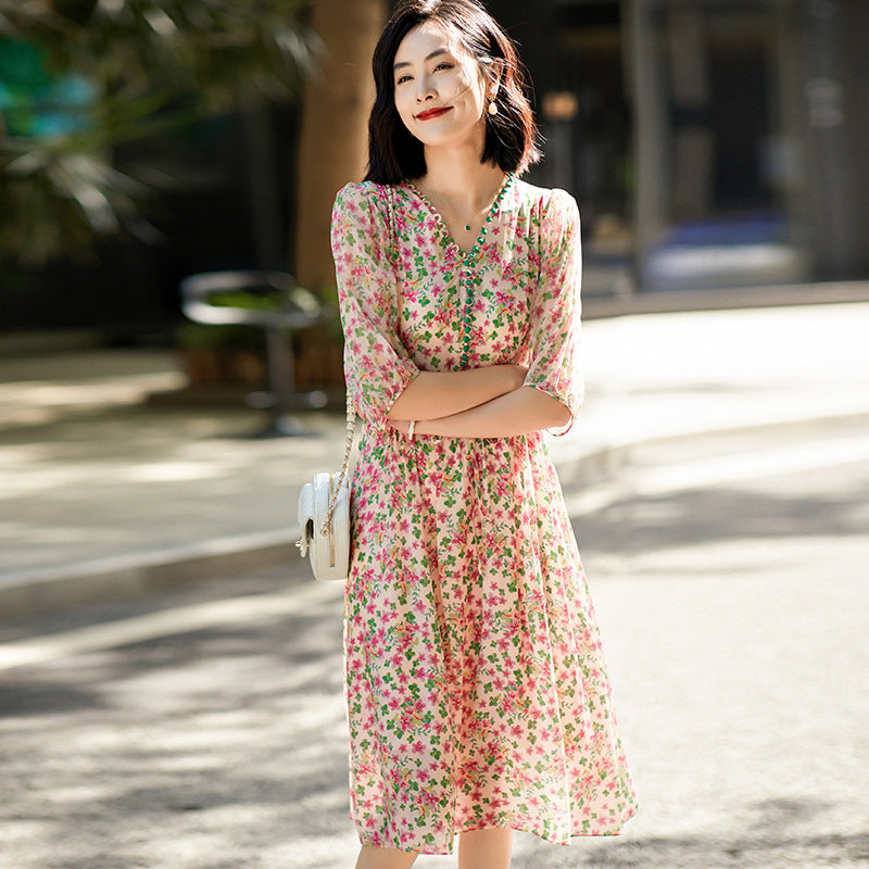 V-Neck Sheer Silk Floral Maxi Dress with Waist Tie - DIANASILK
