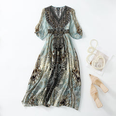 Opulent V-Neck and Printed Design Silk Maxi Dress - DIANASILK