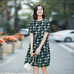 Black Silk Dress with Green Bunny Print - DIANASILK