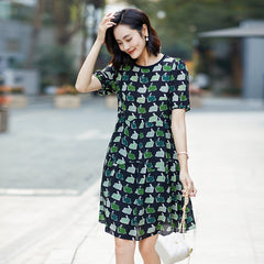 Black Silk Dress with Green Bunny Print - DIANASILK