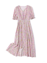 V-Neck Pink Floral Silk Midi Dress with Puff Sleeves - DIANASILK