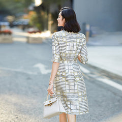 Geometric Print Half Sleeve Silk Dress with Belted Waist - DIANASILK