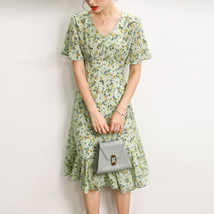 Elegant Green Floral Silk Midi Dress with V-Neck & Flutter Sleeves - DIANASILK