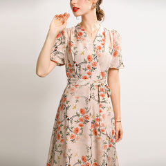 V-neck Vintage Floral Silk Midi Dress with Puff Sleeves - DIANASILK