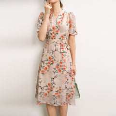 V-neck Vintage Floral Silk Midi Dress with Puff Sleeves - DIANASILK