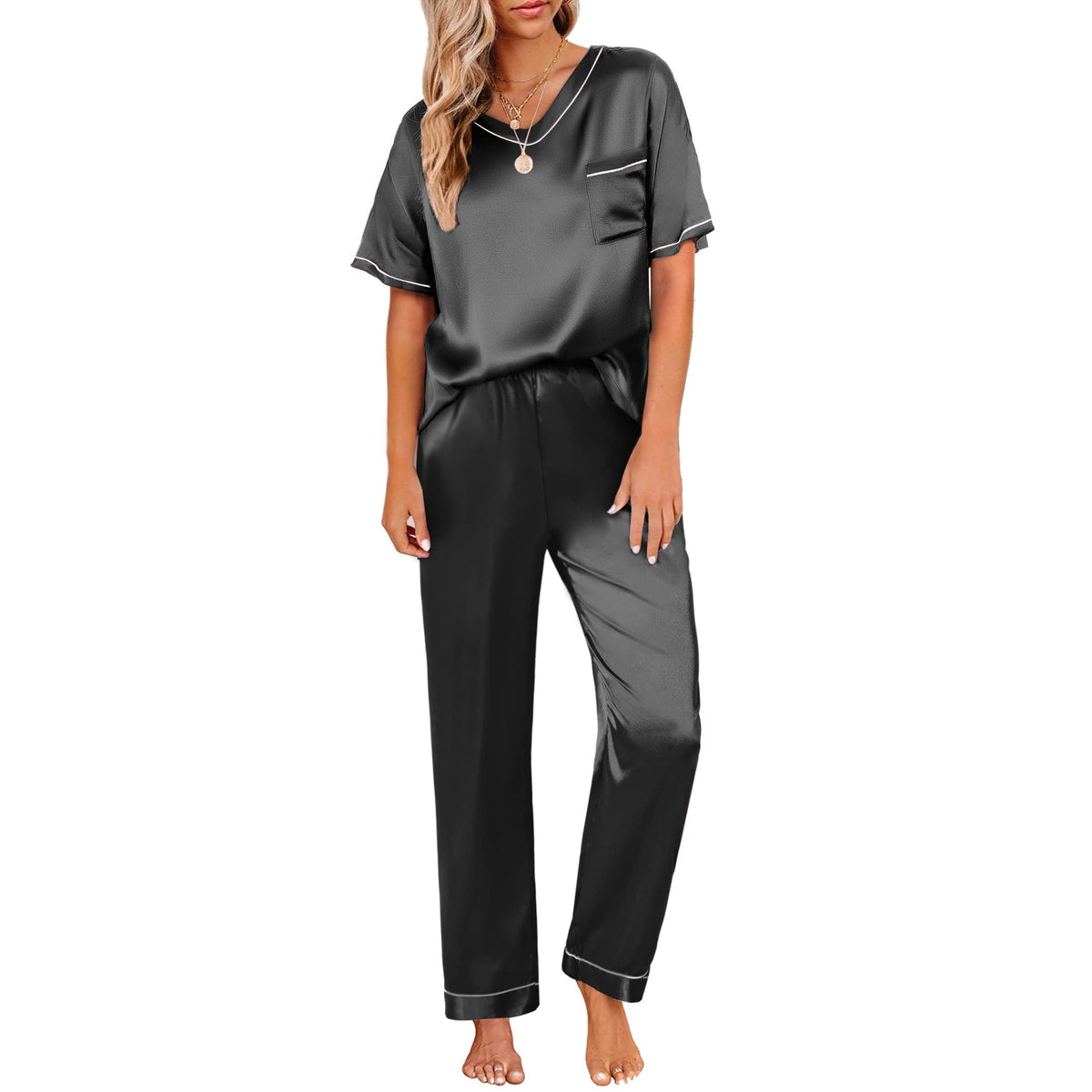 V-Neck Short Sleeve Silk Pajama Sets Sleepwear For Women - DIANASILK