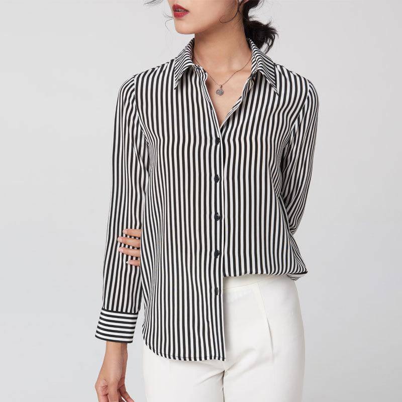 100% Pure Silk Long Sleeves Silk Blouse Silk Shirt Stripe For Women - DIANASILK