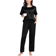 Pajamas de soie féminin à cou rond réglé des vêtements de nuit en soie