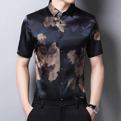 Luxury 100% Silk Floral Printed Design Short Sleeve Shirt for Men