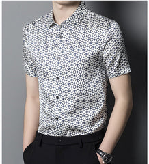 Modern Casual Men’s Geometric Print Silk Short-Sleeve Shirt Silk Top