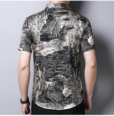 Men’s Abstract Print 100% Silk Short-Sleeve Shirt Silk Top