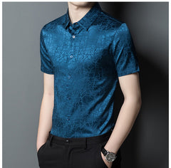 Men’s Cracked Texture Short-Sleeve Silk Shirt Button Up Silk Top