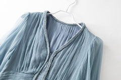 Luxury 100% Silk Pleated V-Neck Long Maxi Dress with Braided Trim