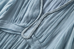 Luxury 100% Silk Pleated V-Neck Long Maxi Dress with Braided Trim