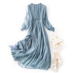 Luxury 100% Silk Pleated V-Neck Long Maxi Dress with Braided Trim