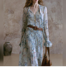 Vintage Floral Chiffon Maxi Waist-cinching Boho Long Sleeve Dress