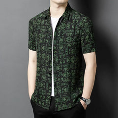 Luxury Button-down Men’s 100% Silk Green Geometric-Pattern Slim Fit Shirt