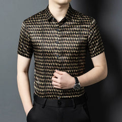 Men’s 100% Mulberry Silk Geometric Print Designer Button-Up Shirt