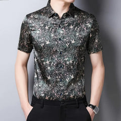 100% Silk Men’s Floral Print Luxury Botanical Button-Down Shirt
