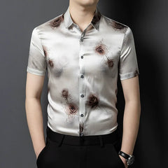 Luxury Men’s 100% Silk White Rose-Pattern Casual Shirt