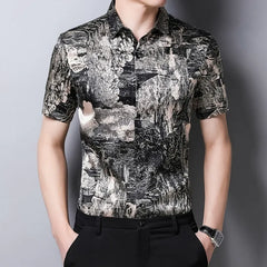 Men’s Abstract Print 100% Silk Short-Sleeve Shirt Silk Top
