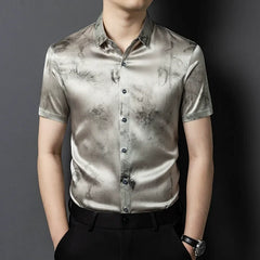 Men’s 100% Mulberry Silk Ink Wash Print Button-Up Shirt