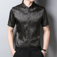 Classic Men’s 100% Silk Black Cracked-Marble Button-Front Shirt