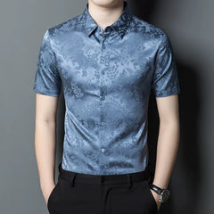 Modern Button-down Men’s Jacquard Patterned 100% Silk Shirt