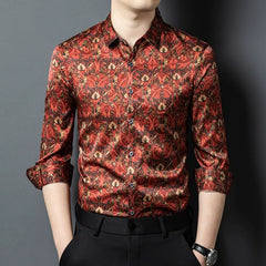 Men’s 100% Silk Paisley Print Button-Up Long Sleeve Designer Shirt