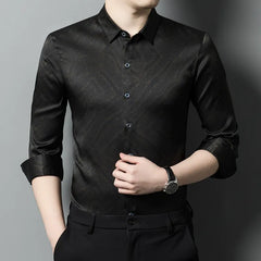 Men’s 100% Silk Long Sleeve Marble Jacquard Button-Up Dress Shirt