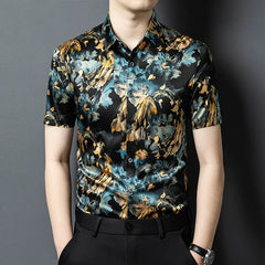 Men’s 100% Silk Luxury Satin Hawaiian Button-Up Floral Print Shirt